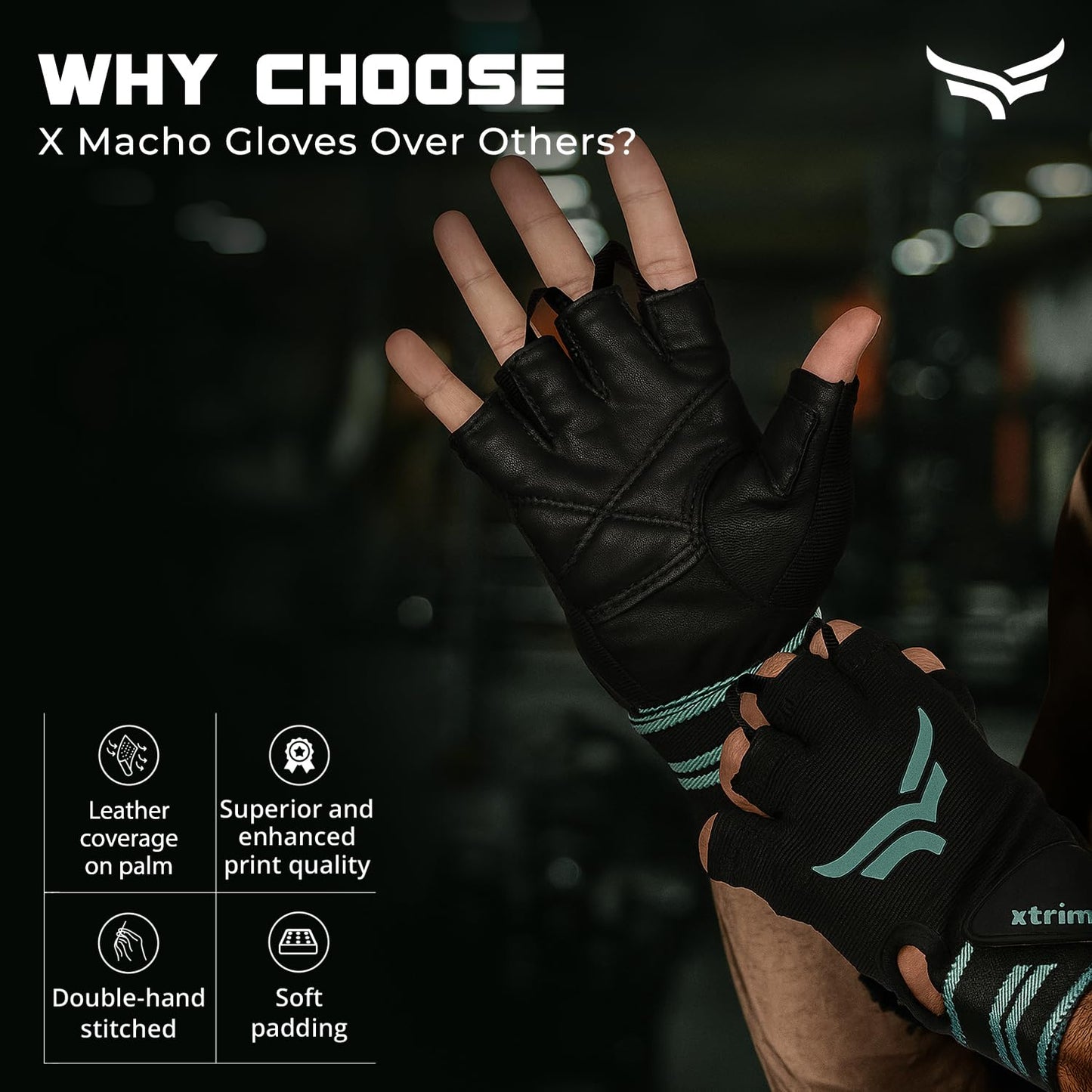 قفازات XTRIM xMacho للرجال والنساء مع حزام دعم للمعصم، قفازات نصف أصابع لرفع الأثقال، حزام معصم للأثقال، التمارين الرياضية والتمارين في صالة الألعاب الرياضية