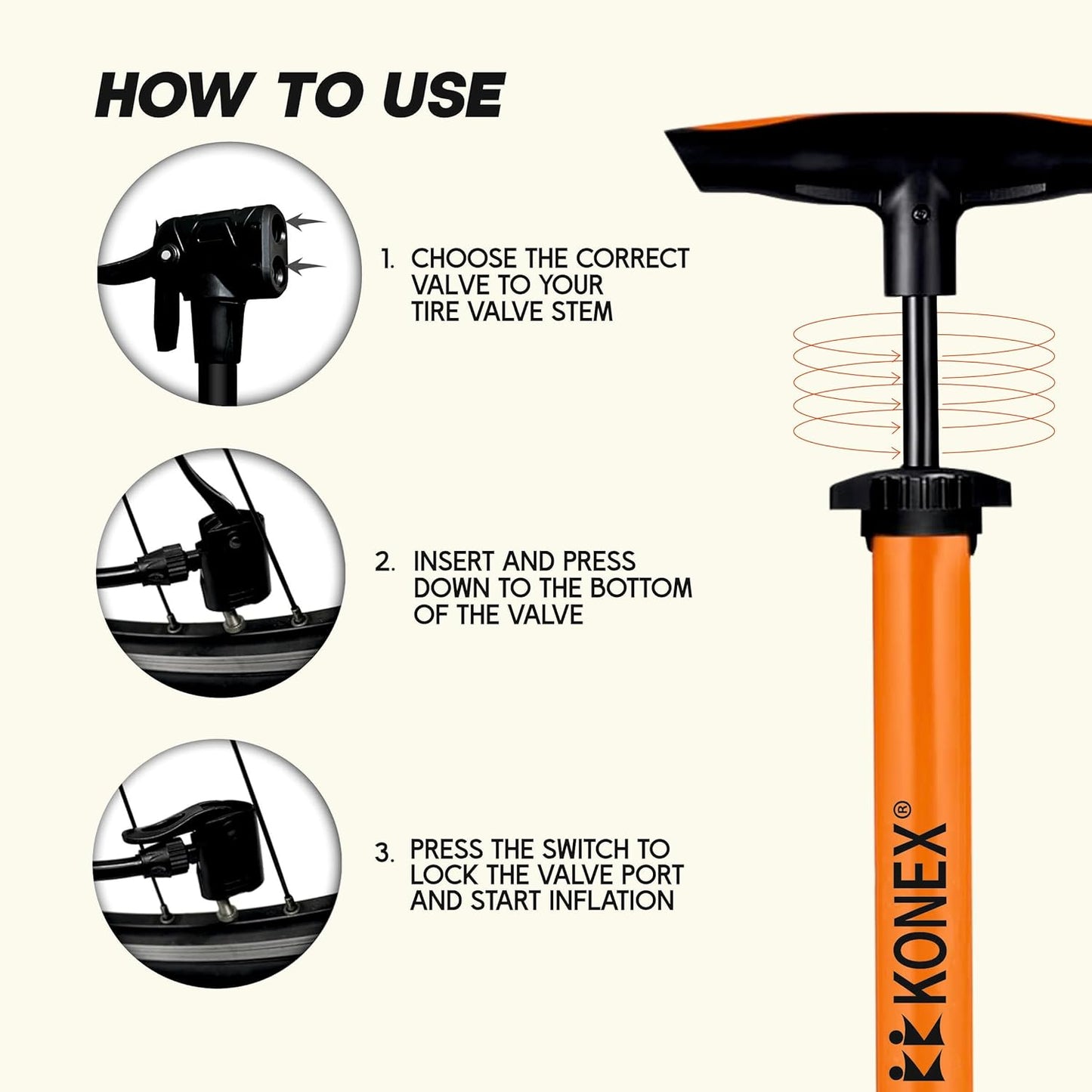 مضخة هواء محمولة من Konex مزودة بإبرة وصمام مزدوج | مقبض مريح مع قاعدة متينة | مثالية لنفخ إطارات الدراجات والكرات الرياضية وأطواق السباحة والبالونات