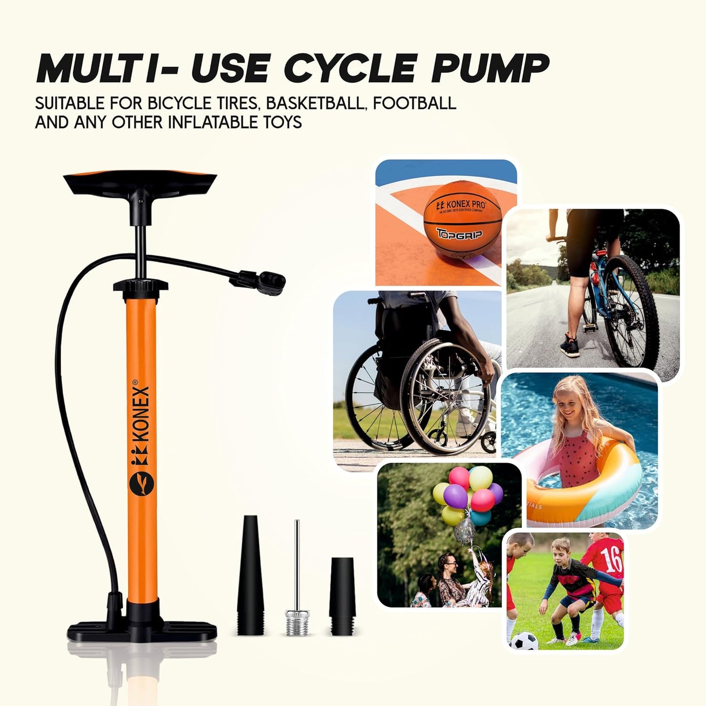 مضخة هواء محمولة من Konex مزودة بإبرة وصمام مزدوج | مقبض مريح مع قاعدة متينة | مثالية لنفخ إطارات الدراجات والكرات الرياضية وأطواق السباحة والبالونات