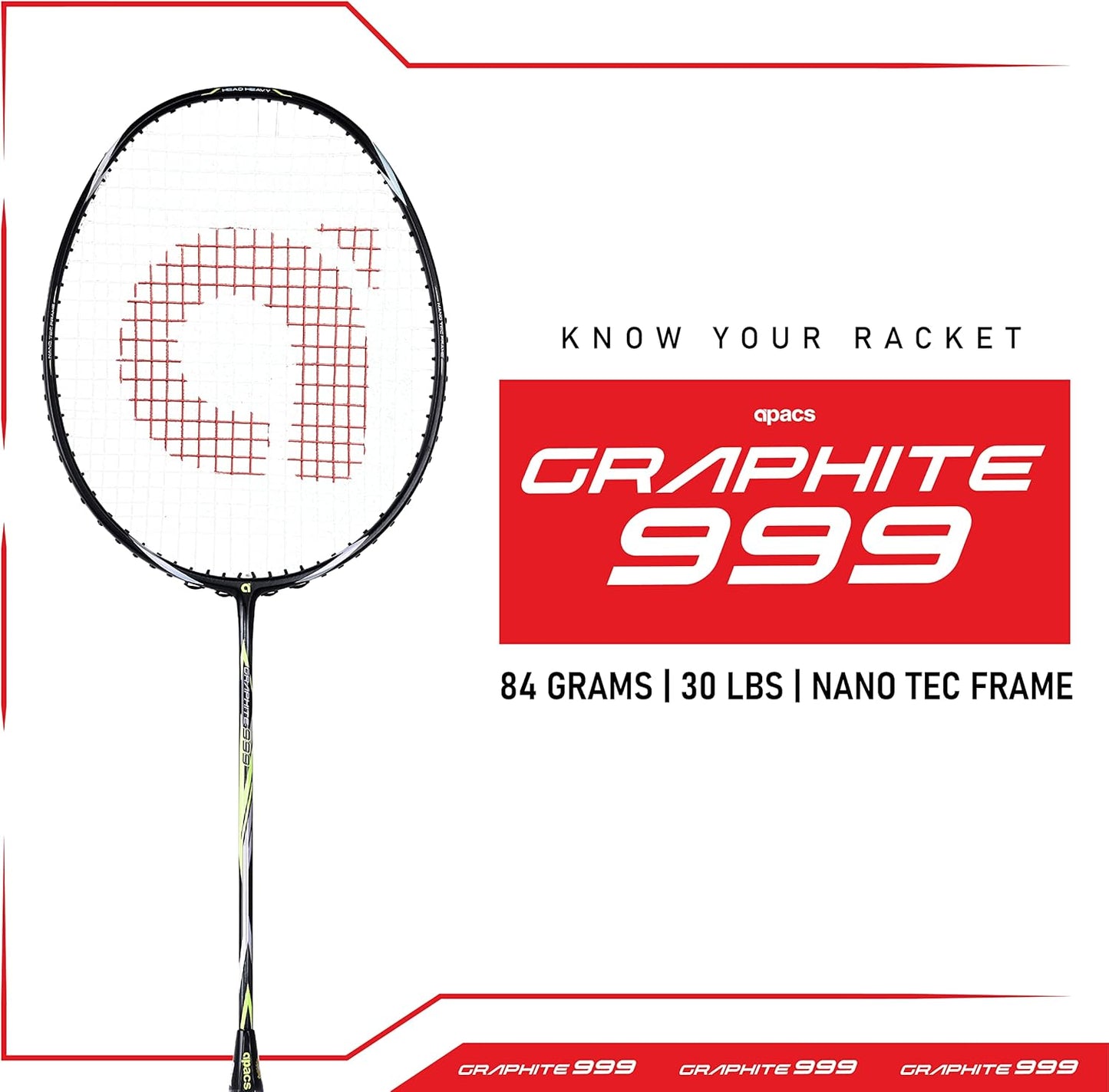 Apacs Graphite 999 (جرافيت ياباني، 30 رطل) فائق القوة | عالي المتانة | مضرب كرة الريشة الاحترافي غير الموتر