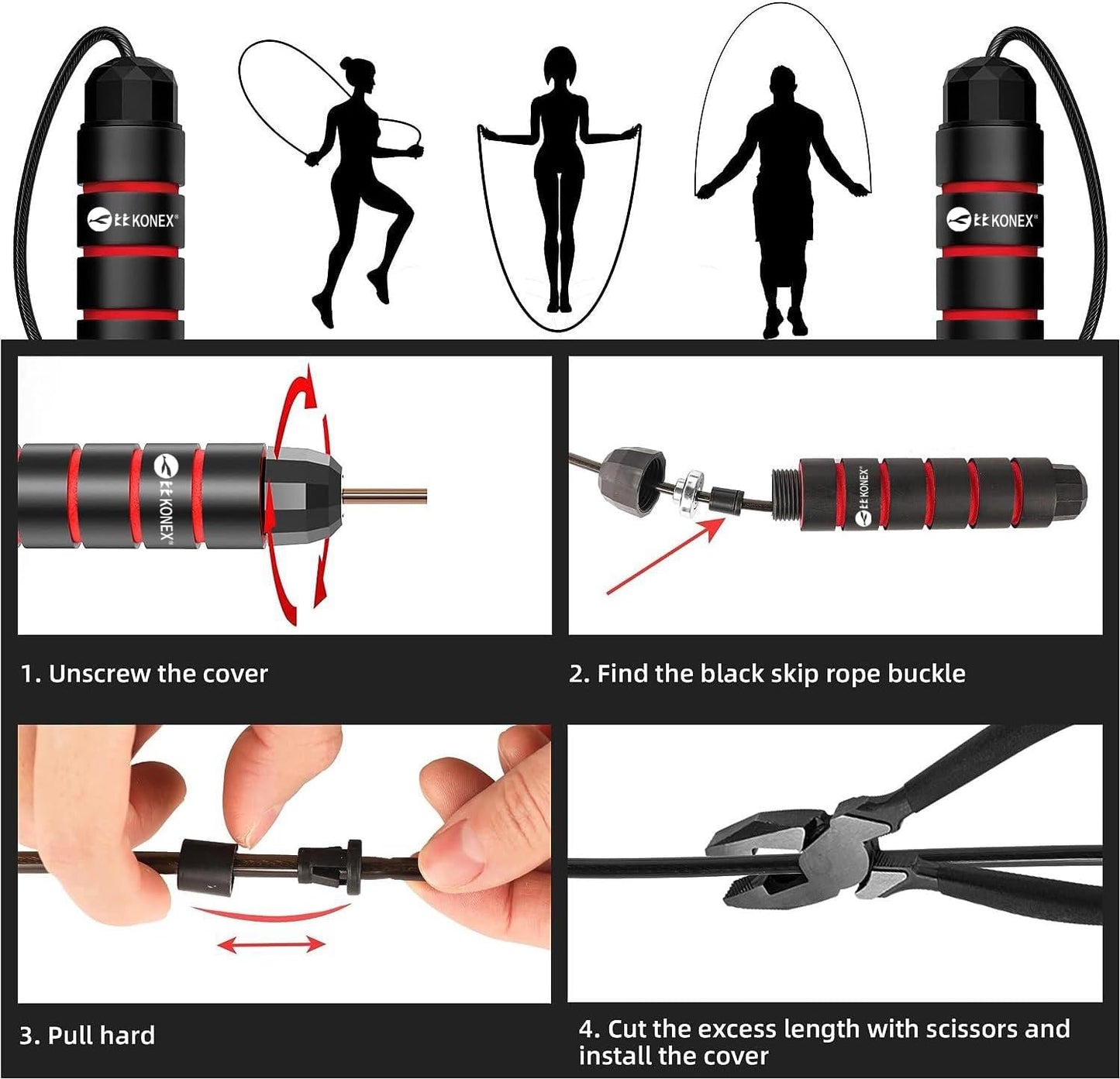 حبل القفز Konex للرجال والنساء حبل قفز قابل للتعديل، حبل تمرين للتمارين الرياضية